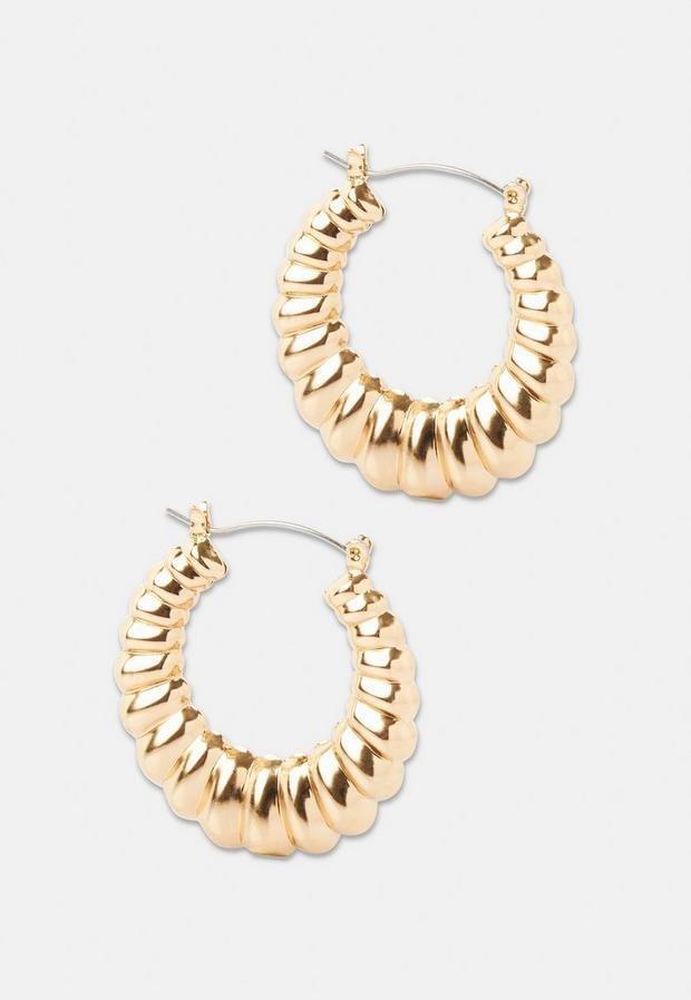 Gold Look Smooth Textured Hoops, Women, , large image number 0