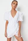 Missguided - White Check Organza Puff Sleeve Wrap Dress