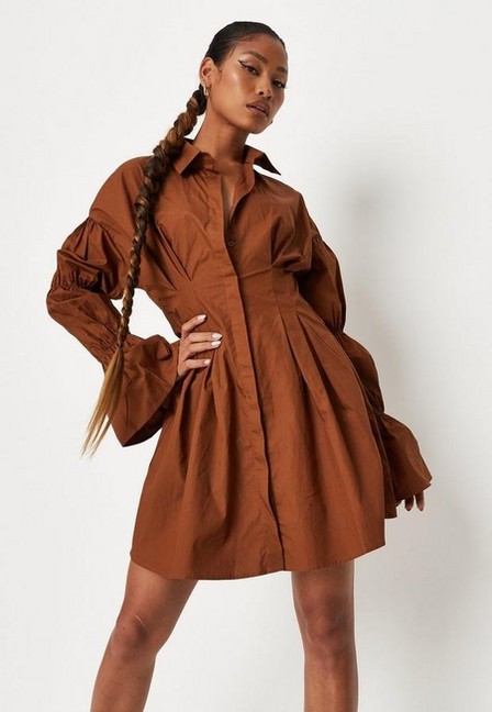 Missguided - Brown Chocolate Poplin Bubble Sleeve Shirt Dress