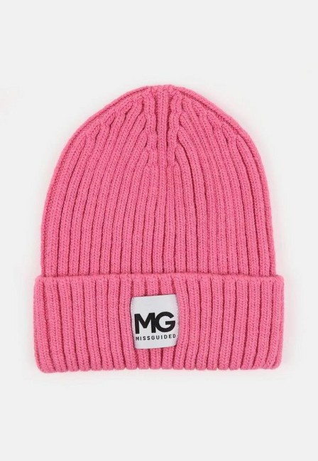 Missguided - Pink Rib MG Badge Beanie Hat, Women