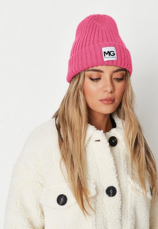 Pink Rib MG Badge Beanie Hat, Women, , large image number 1