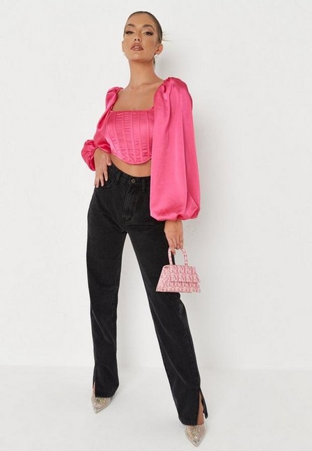 Missguided - Hot Pink Satin Balloon Sleeve Corset Top, Women