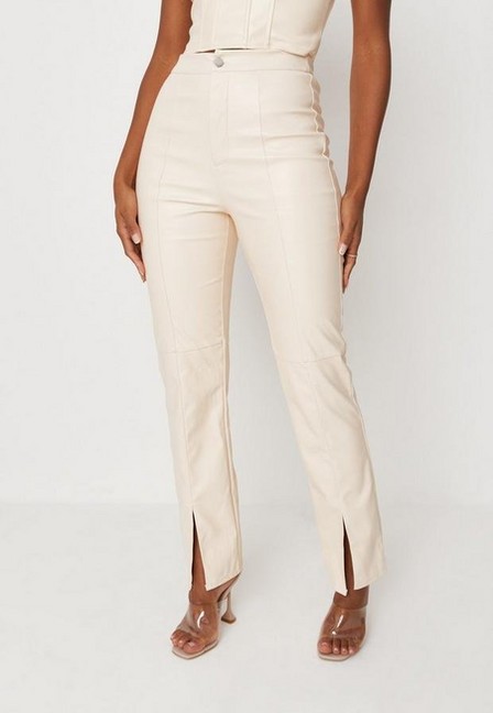 Missguided - Cream Cream Faux Leather Split Front Straight Leg Trousers