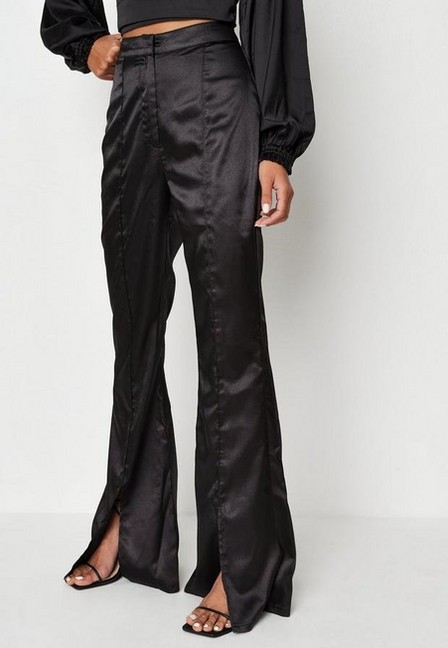 Missguided - Black Satin Seam Detail Flare Trousers, Women