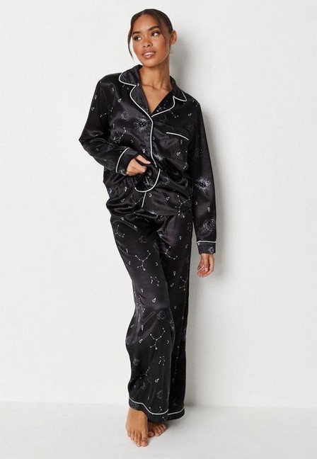 Missguided - Black Satin Astrology Print Shirt Pyjama Set, Women