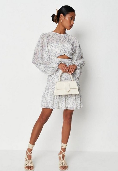 Missguided - White Floral Print Cut Out Balloon Sleeve Dress