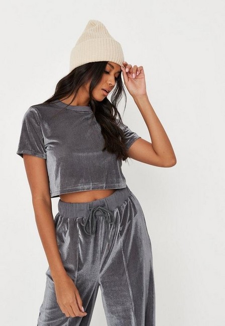 Missguided - Grey Co Ord Velvet Cord Cropped T Shirt