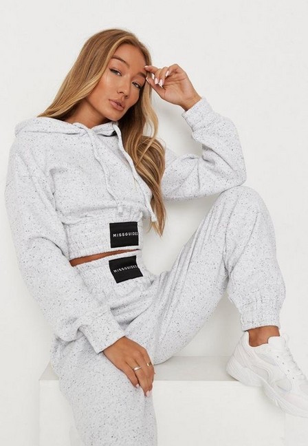 Missguided - White Speckled Marl Missguided Patch Fleeceback Cropped Hoodie