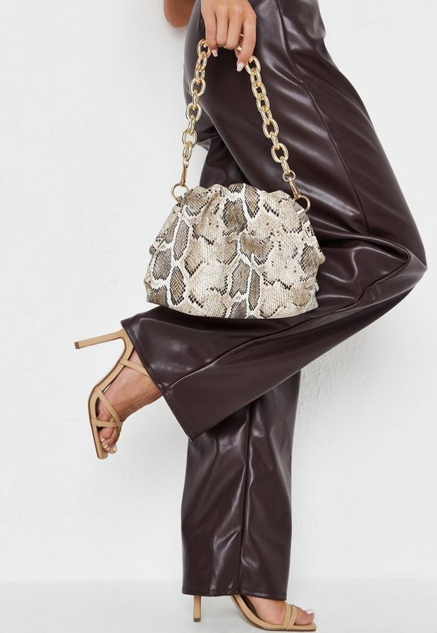 Green Snake Skin Rectangular Chain Pouch Bag, , large image number 0