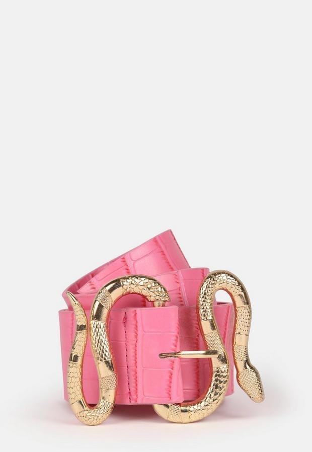 Pink Pink Mock Croc Faux Leather Snake Detail Belt, A101_60007, large image number 0