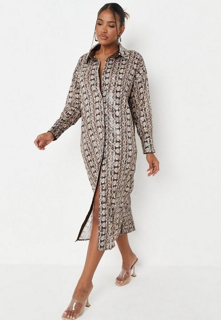 Missguided - Brown Snake Print Sequin Oversized Midaxi Shirt Dress