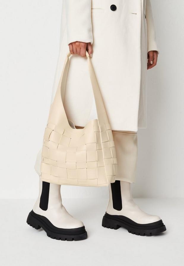 White Cream Woven Shoulder Bag, , large image number 1