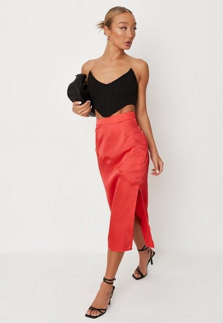 Missguided - Petite Red Bias Cut Slip Satin Midi Skirt