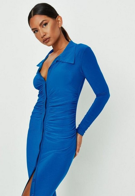 Missguided - فستان ميداكسي بأزرار أزرق