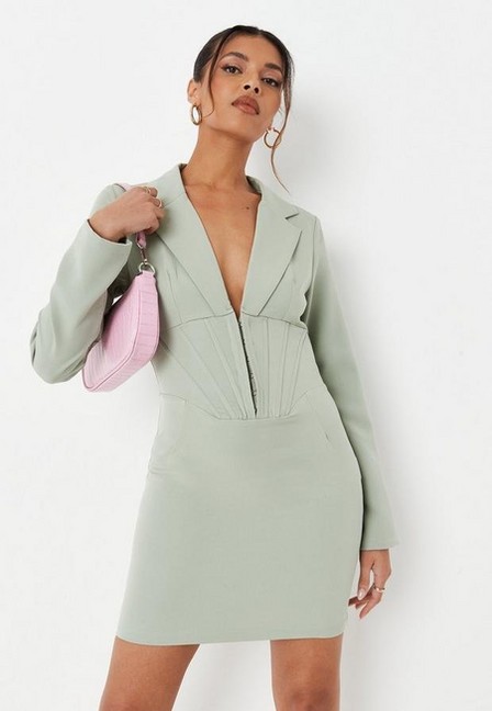 Missguided - Green Sage Corset Hook And Eye Tailored Blazer Dress