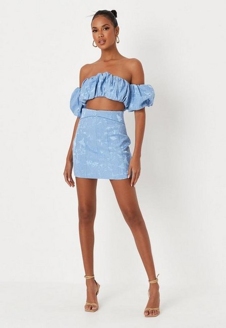 Missguided - Blue Co Ord Jacquard Ruched Bardot Crop Top, Women