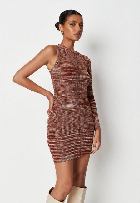 Missguided - Brown One Sleeve Knit Mini Dress, Women