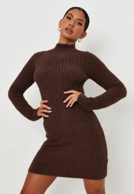 Missguided - Brown Carli Bybel X Missguided Fluffy Knit High Neck Long Sleeve Mini Dress, Women