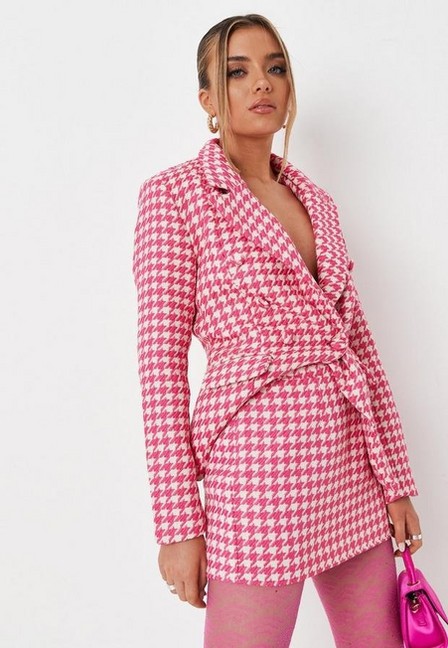 Missguided - Pink Co Ord Houndstooth Boucle Mini Skirt, Women