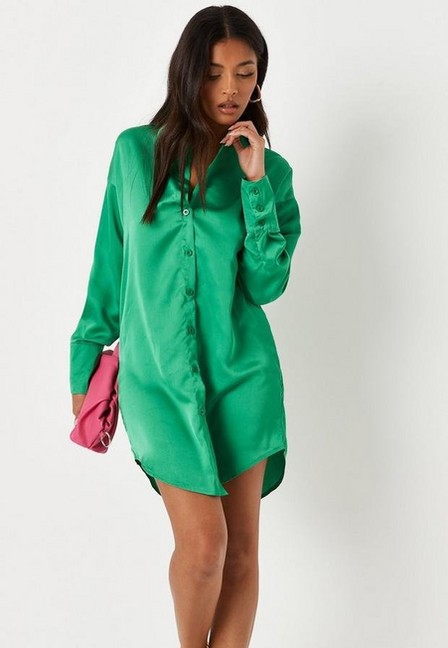 Missguided - Green Satin Oversized Shirt Dress