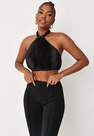 Missguided - Black Carli Bybel X Missguided Plisse Halterneck Crop Top, Women