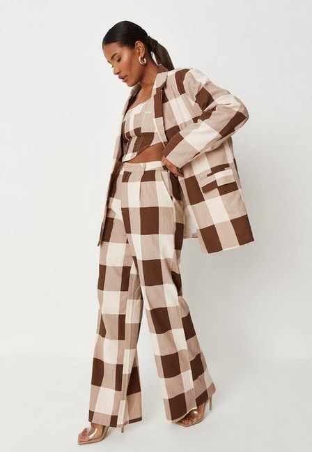 Missguided - Brown Co Ord Check Tailored Masculine Wide Leg Trousers, Women