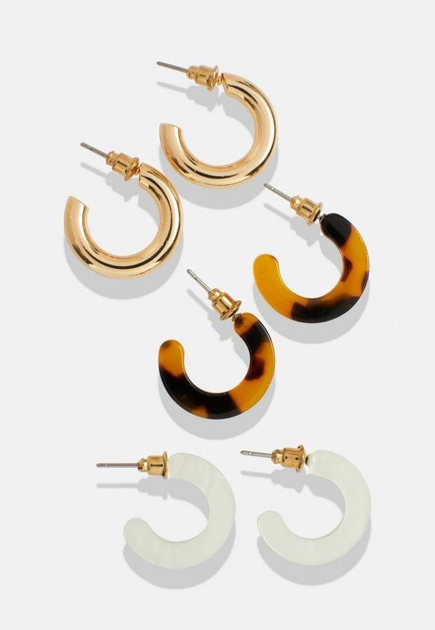 Multi Gold Look And Resin Tube Hoop Earrings 3 Pack, , large image number 1