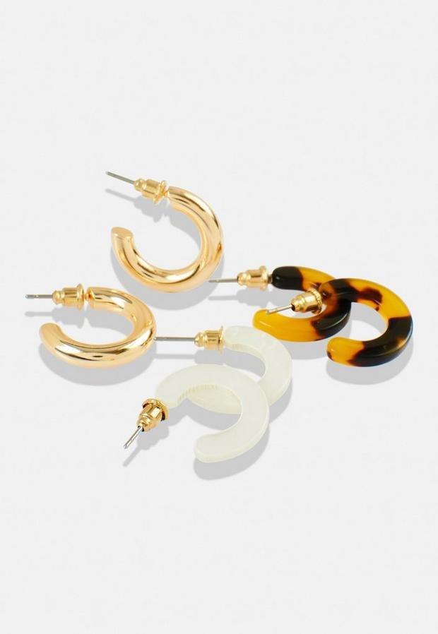 Multi Gold Look And Resin Tube Hoop Earrings 3 Pack, , large image number 2