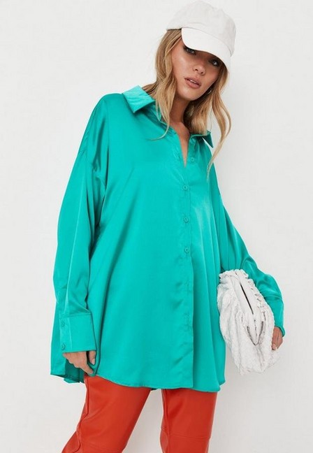 Missguided - Green Satin Extreme Oversized Shirt, Women
