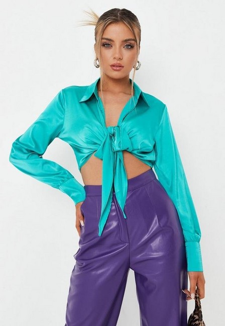 Missguided - Turquoise Satin Knot Front Crop Shirt, Women