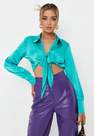 Missguided - Turquoise Satin Knot Front Crop Shirt, Women