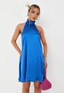 Missguided - Cobalt Blue High Neck Satin Textured Swing Mini Dress, Women