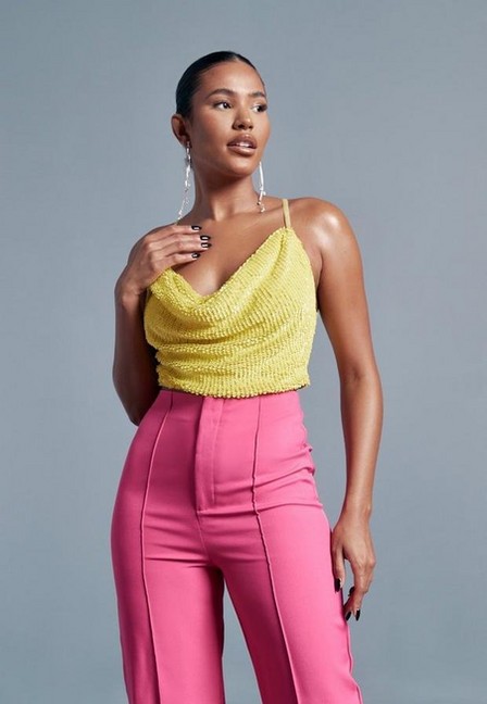 Missguided - Lime Sequin Cowl Neck Crop Top