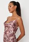 Missguided - Chocolate Marble Print Satin Cowl Ruched Mini Dress, Women