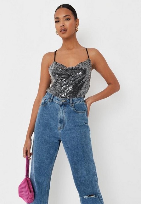 Missguided - Black Sequin Cross Back Cami Top