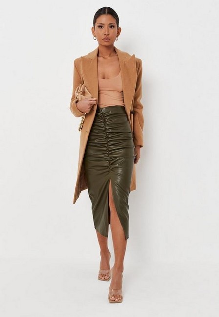 Missguided - Khaki Faux Leather Ruched Low Waist Midi Skirt