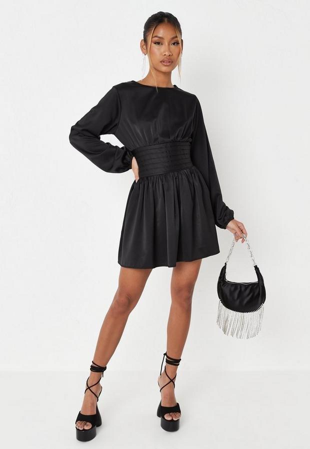 Black Black Satin Shirred Waist Mini Dress, , large image number 0