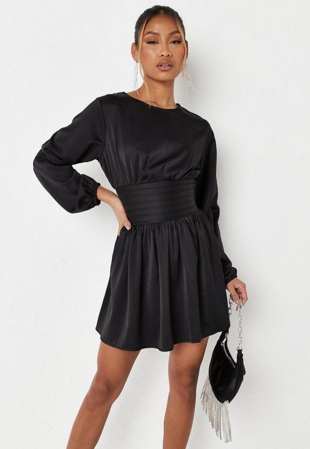 Black Black Satin Shirred Waist Mini Dress, , large image number 1