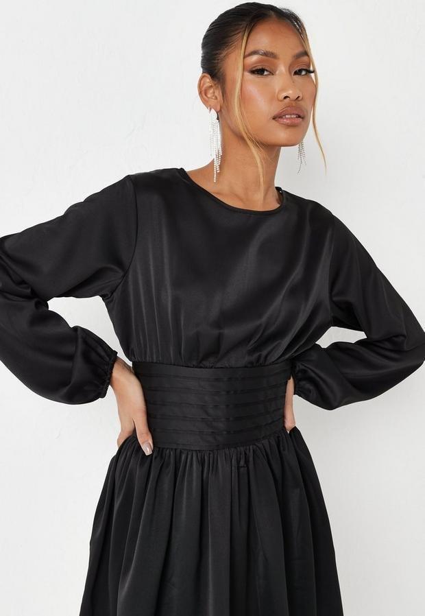 Black Black Satin Shirred Waist Mini Dress, , large image number 2