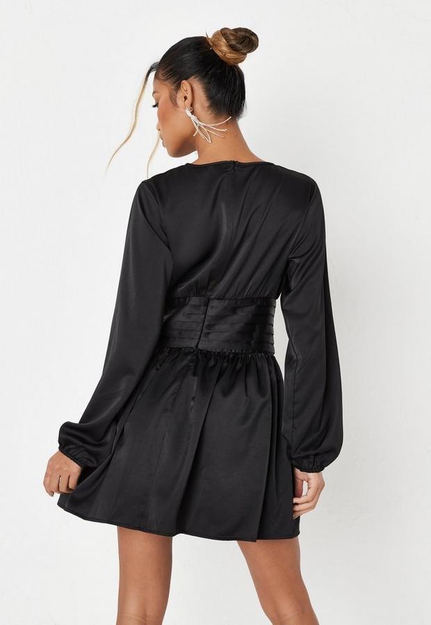 Black Black Satin Shirred Waist Mini Dress, , large image number 3