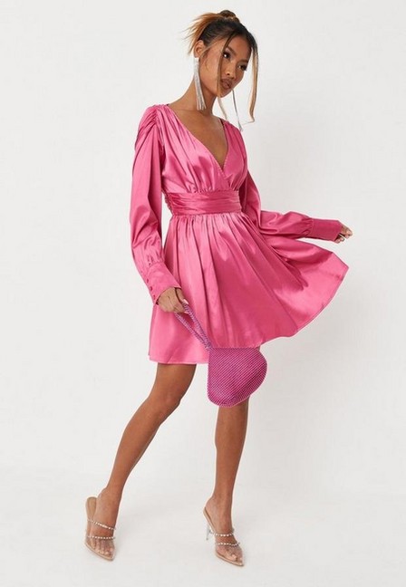 Missguided - Hot Pink Petite Satin Balloon Sleeve Mini Dress