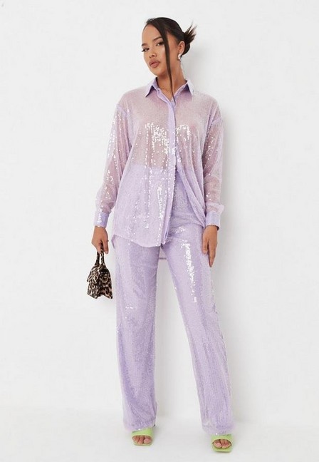 Missguided - Lilac Co Ord Sequin Oversized Shirt