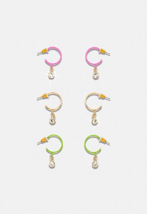 Gold Look Mix Wild Thang Enamel Hoop Earrings 3 Pack, , large image number 0