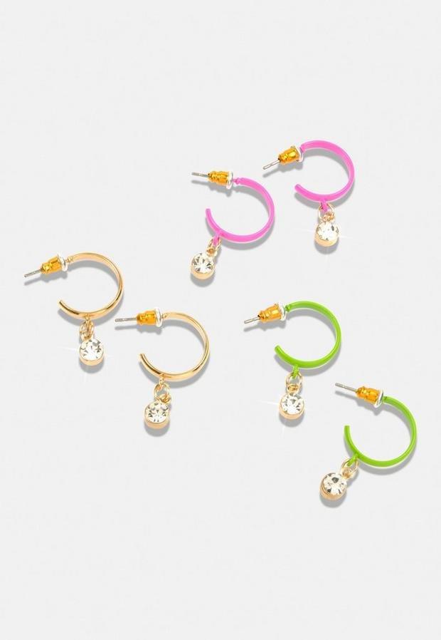 Gold Look Mix Wild Thang Enamel Hoop Earrings 3 Pack, , large image number 2