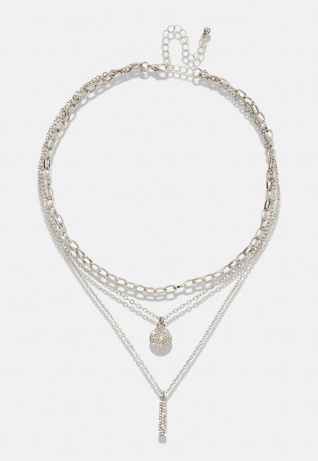 Silver Silver Look Rhinestone Disc And Stick Layered Necklace, , large image number 0