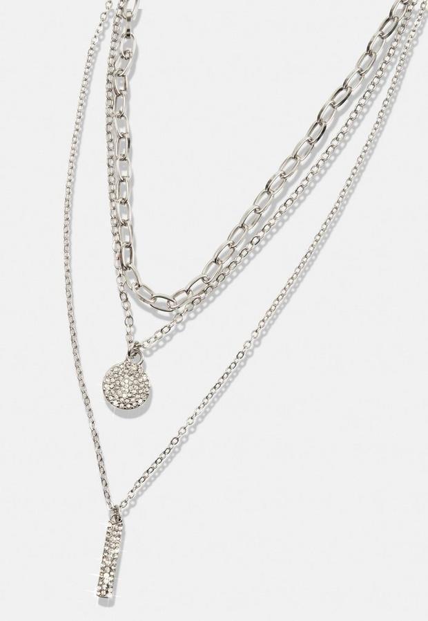 Silver Silver Look Rhinestone Disc And Stick Layered Necklace, , large image number 2