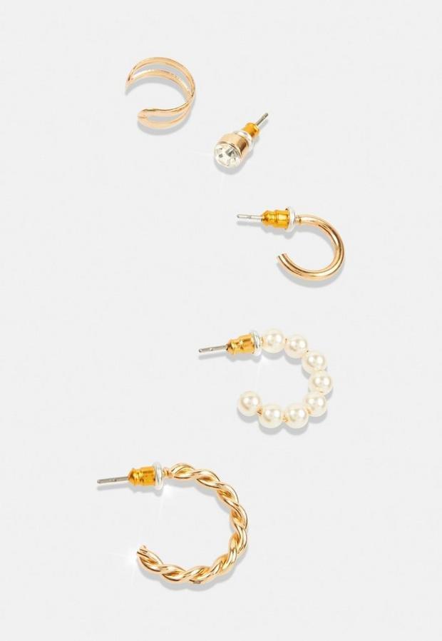 Cream Gold Look Huggie Cuff And Stud Earrings 5 Pack, , large image number 2