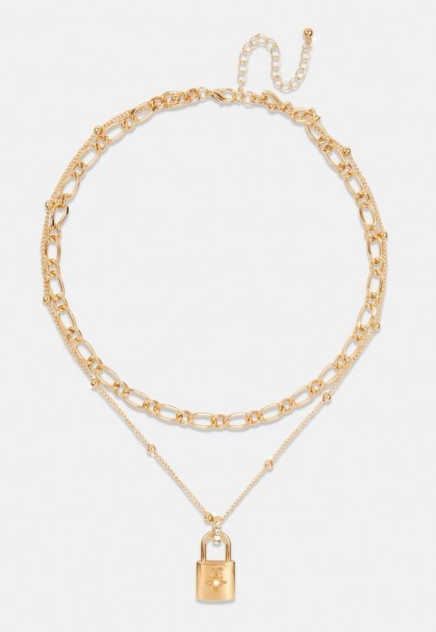 Gold Gold Look Rhinestone Star Padlock Chain Necklace, , large image number 0