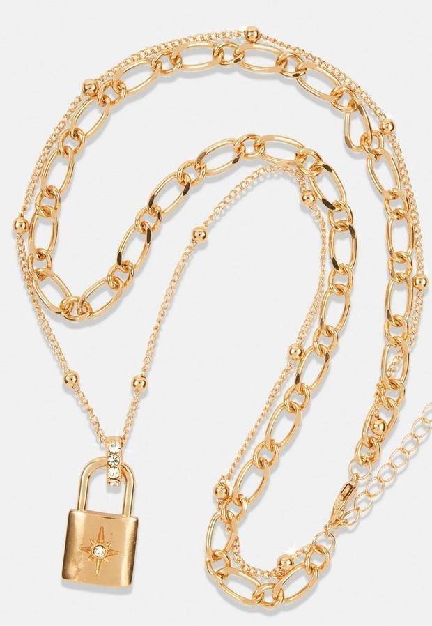 Gold Gold Look Rhinestone Star Padlock Chain Necklace, , large image number 2