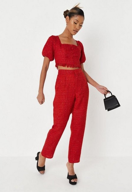 Missguided - Red Co Ord Boucle Frayed Hem Puff Sleeve Crop Top